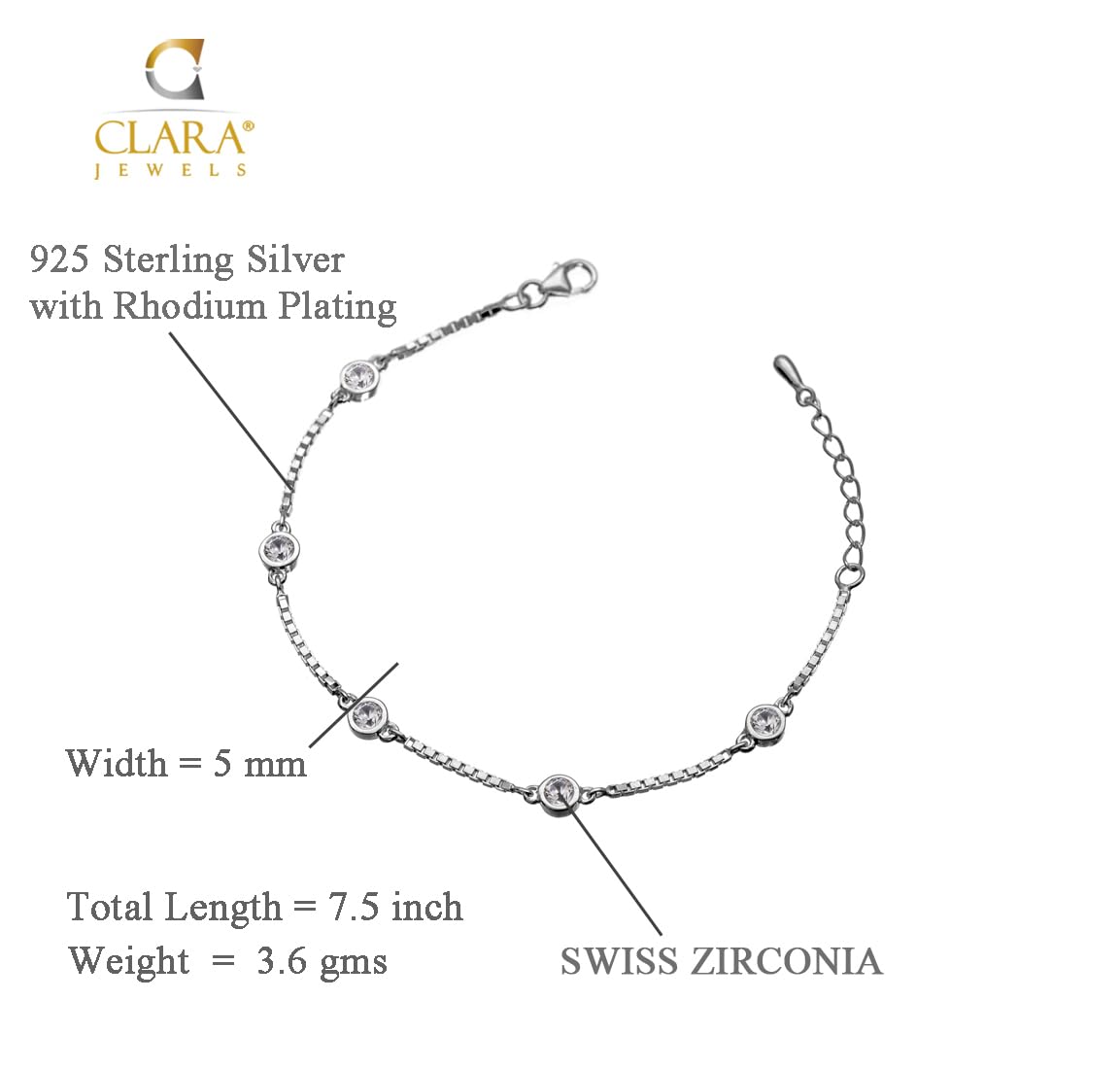 Clara Made with Swiss Zirconia 925 Sterling Silver Grazia Solitaire Bracelet Gift for Women and Girls