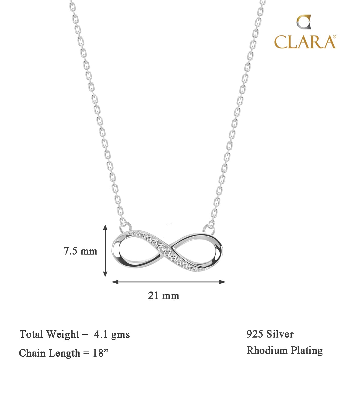 Clara 925 Sterling Silver Infinity Pendant Chain Necklace | Rhodium Plated, Swiss Zirconia |Gift for Women and Girls