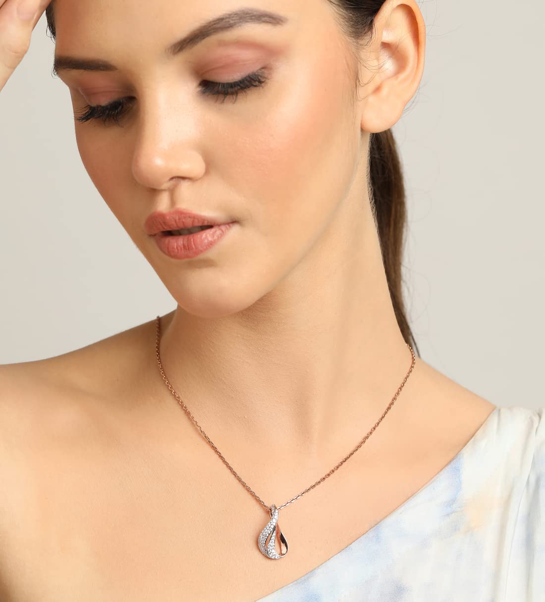 Clara 925 Sterling Silver Agda Pendant Earring Chain Jewellery Set | Rose Gold Rhodium Plated, Swiss Zirconia | Gift for Women & Girls