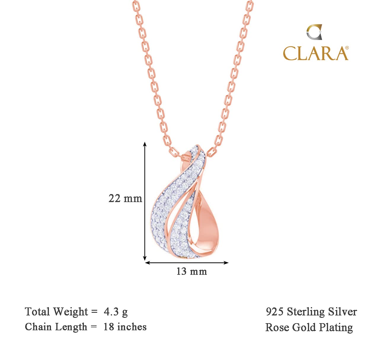 Clara 925 Sterling Silver Agda Pendant Earring Chain Jewellery Set | Rose Gold Rhodium Plated, Swiss Zirconia | Gift for Women & Girls