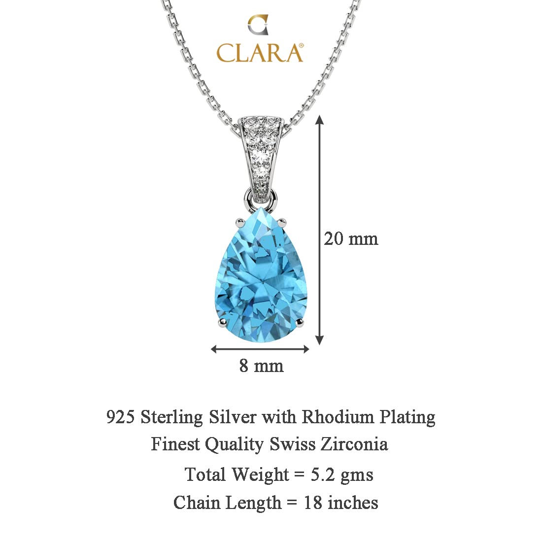 CLARA 925 Sterling Silver Sky Blue Tear Drop Pendant Earring Chain Jewellery Set | Rhodium Plated, Swiss Zirconia | Gift for Women & Girls
