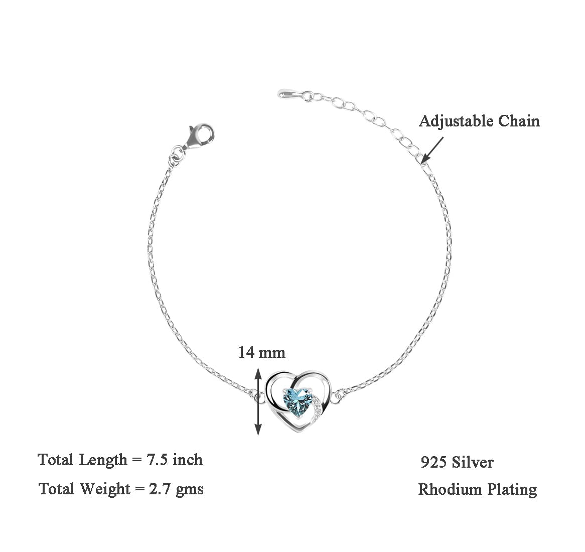 Clara 925 Sterling Silver Heart Bracelet, Adjustable, Rhodium Plated, Swiss Zirconia Gift for Women and Girls