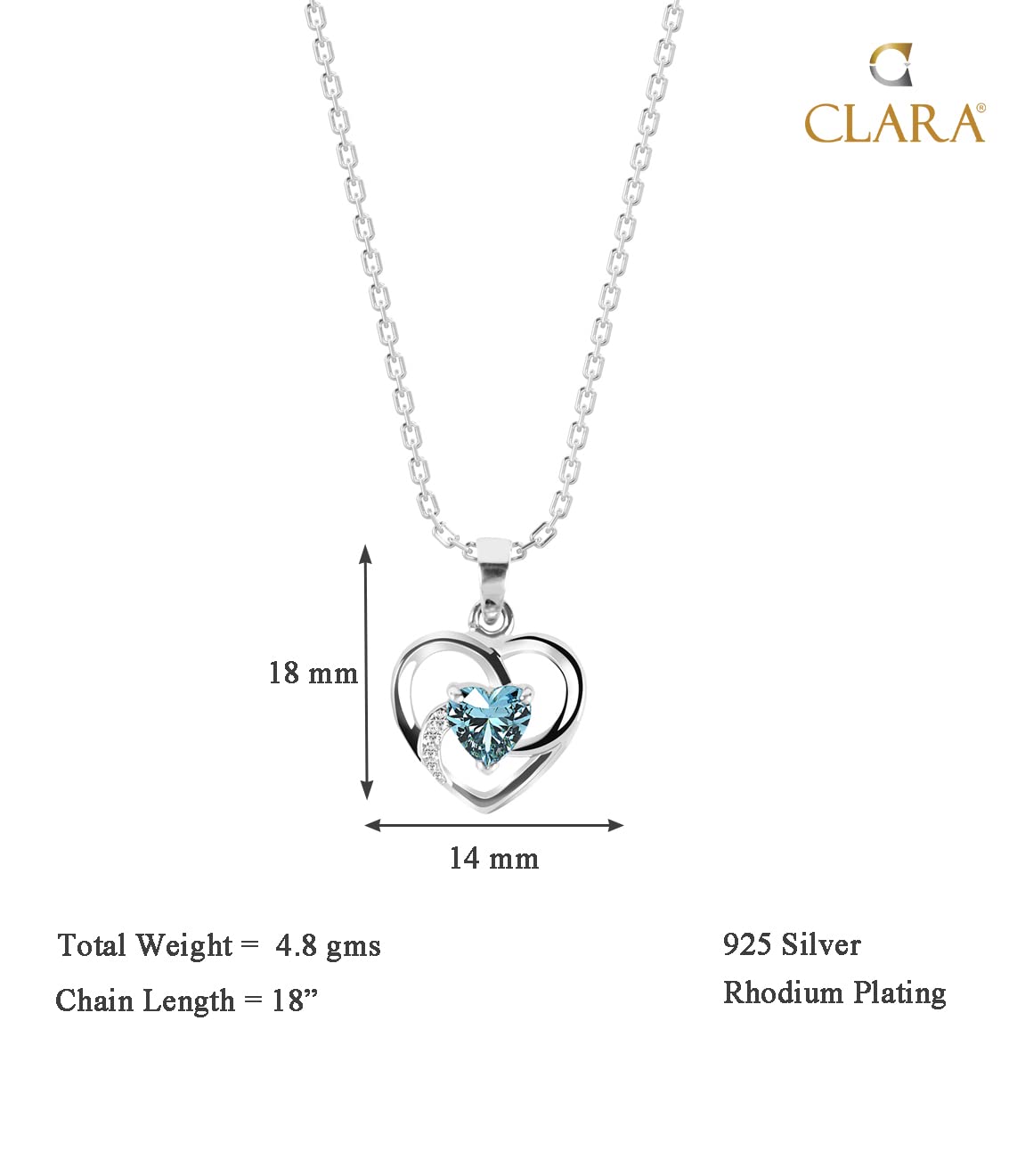 CLARA 925 Sterling Silver Heart Pendant Necklace | with or Without Chain | Gift for Women and Girls