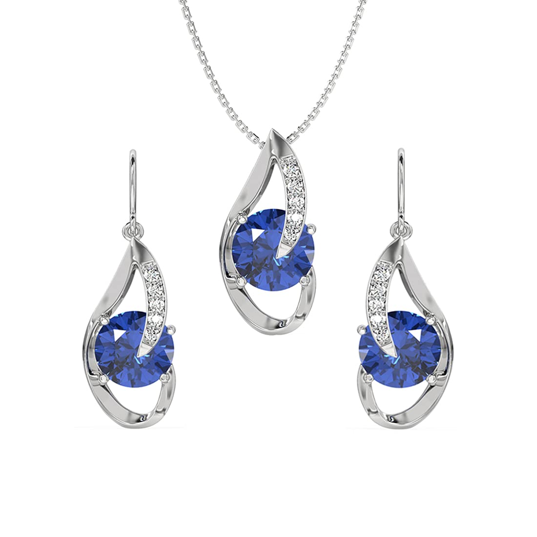 CLARA 925 Sterling Silver Royal Blue Eye Pendant Earring Chain Jewellery Set | Rhodium Plated, Swiss Zirconia | Gift for Women & Girls