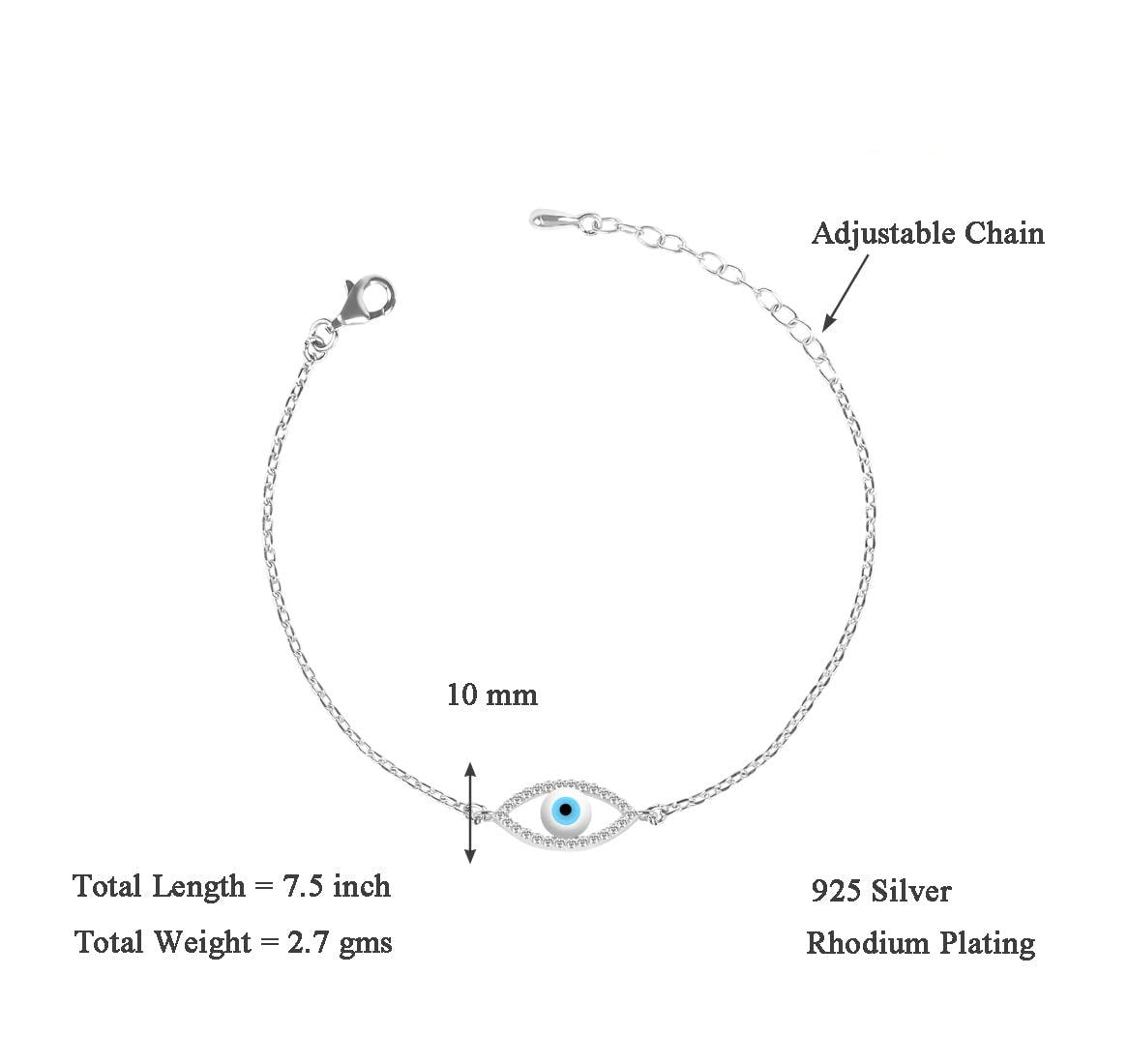Clara 925 Sterling Silver Evil Eye Halo Bracelet, Adjustable, Rhodium Plated, Swiss Zirconia Gift for Women and Girls