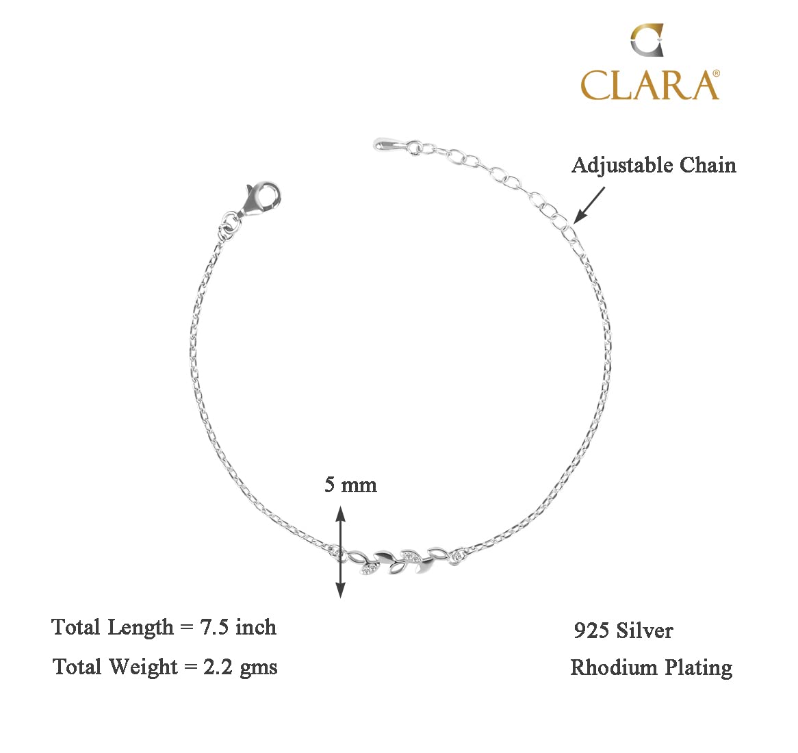 Clara 925 Sterling Silver Leaf Bracelet, Adjustable, Rhodium Plated, Swiss Zirconia Gift for Women and Girls