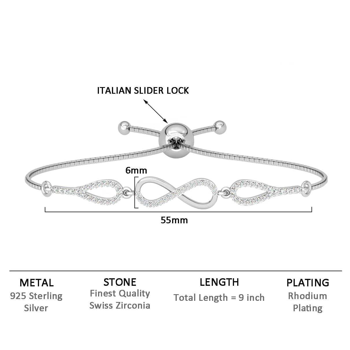 Clara 925 Pure Silver Stone Infinity Hand Bracelet | Adjustable, Anti Tarnish, Swiss Zirconia | Gift for Women and Girls