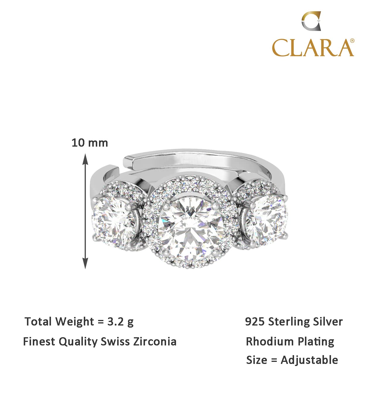 Clara Pure 925 Sterling Silver Solitaire Finger Ring with Adjustable Band | Gift for Women Girls Wife Girlfriend | Multiple Design Options