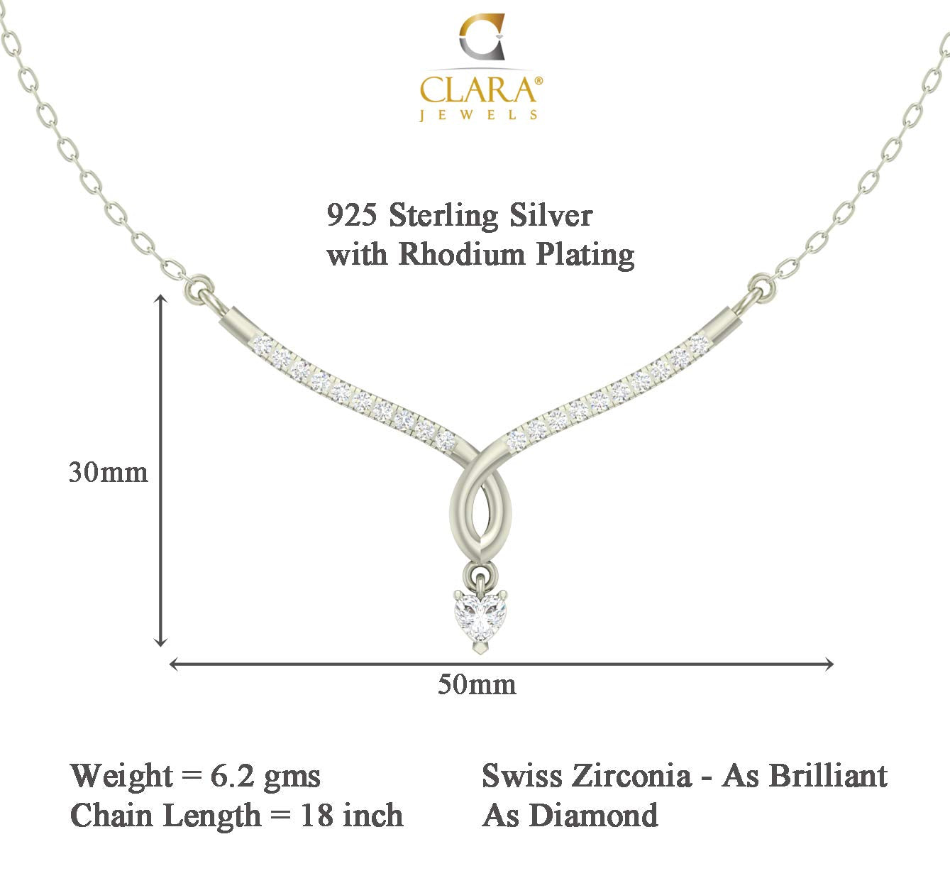 Clara 925 Sterling Silver Mila Pendant Earring Chain Jewellery Set | Platinum Plated, Swiss Zirconia | Gift for Women & Girls