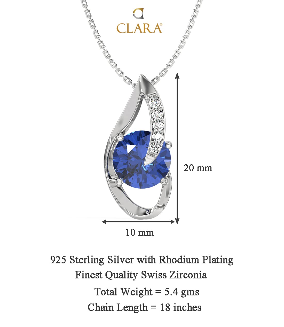 CLARA 925 Sterling Silver Royal Blue Eye Pendant Earring Chain Jewellery Set | Rhodium Plated, Swiss Zirconia | Gift for Women & Girls