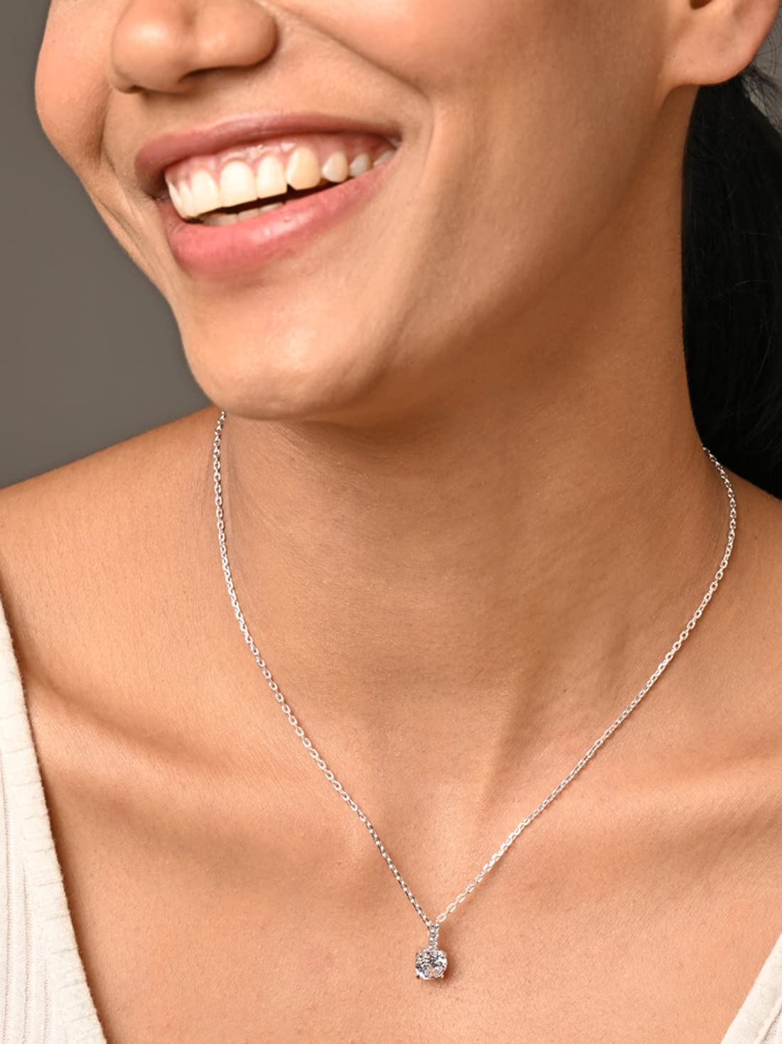 CLARA 925 Sterling Silver Round Solitaire Pendant Chain Necklace | Rhodium Plated, Swiss Zirconia | Gift for Women and Girls