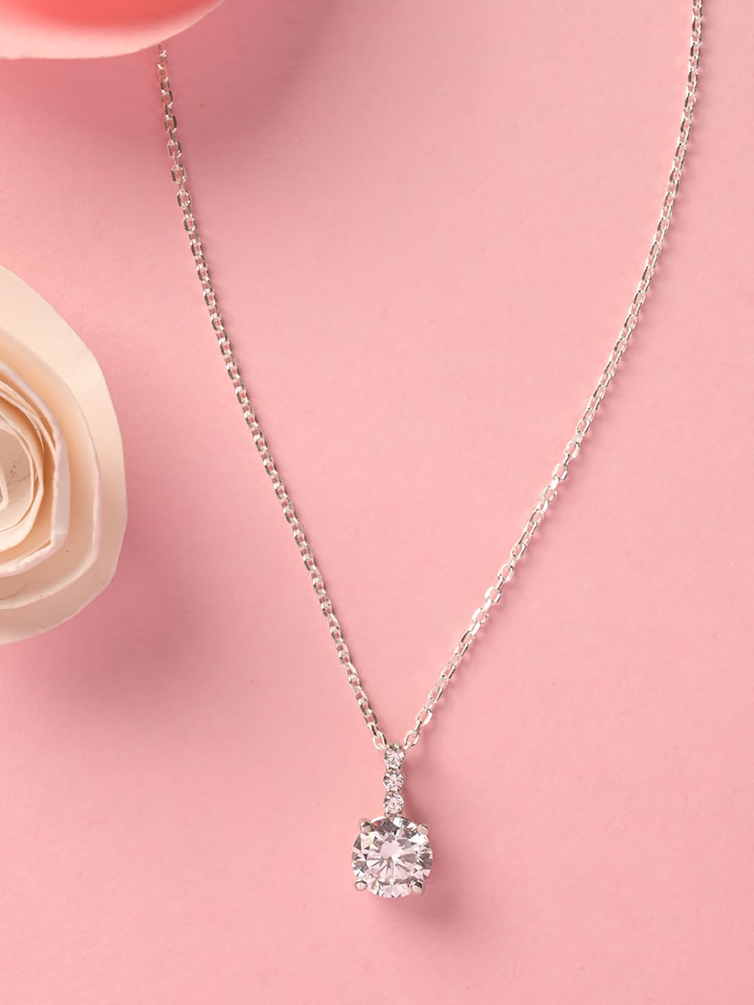 CLARA 925 Sterling Silver Round Solitaire Pendant Chain Necklace | Rhodium Plated, Swiss Zirconia | Gift for Women and Girls