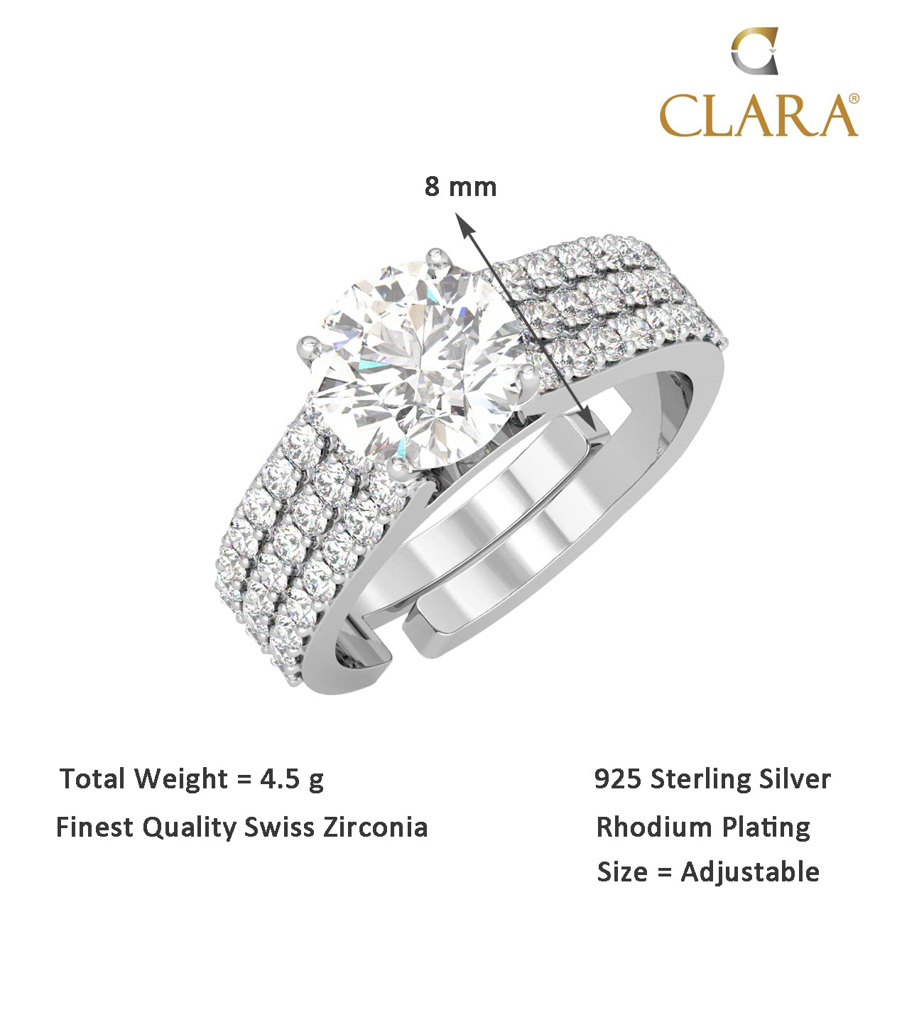 Clara Pure 925 Sterling Silver Solitaire Finger Ring with Adjustable Band | Gift for Women Girls Wife Girlfriend | Multiple Design Options