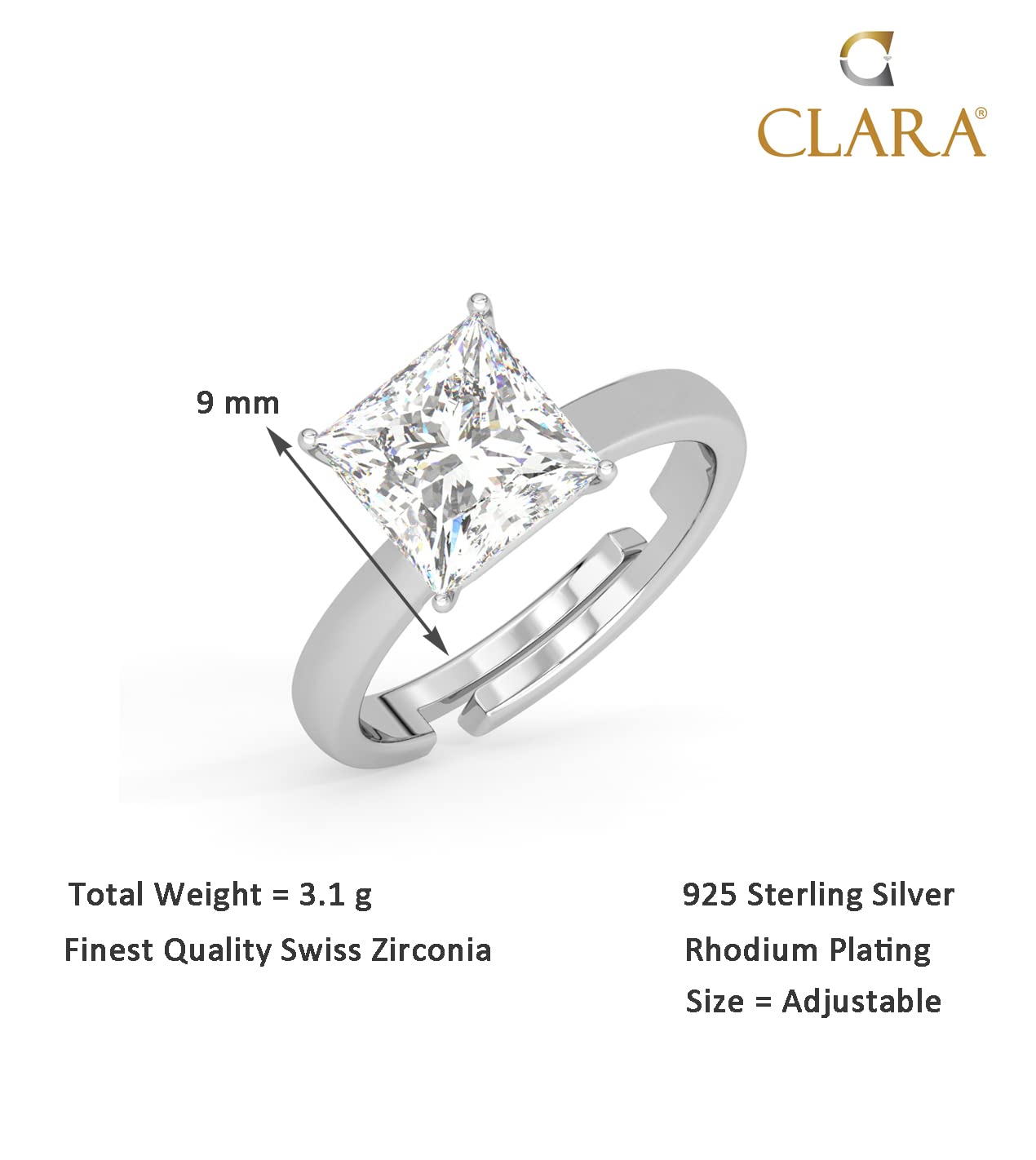 Clara Pure 925 Sterling Silver Solitaire Finger Ring with Adjustable Band | Gift for Women Girls Wife Girlfriend | Multiple Design Options