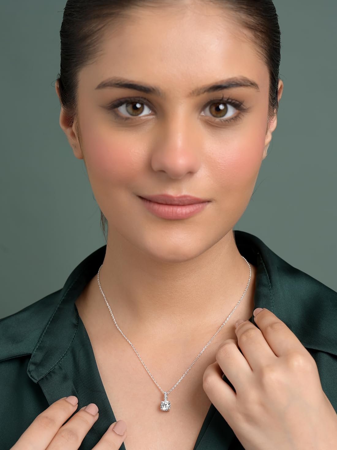 CLARA 925 Sterling Silver Round Solitaire Pendant Chain Necklace | Rhodium Plated, Swiss Zirconia | Gift for Women and Girls