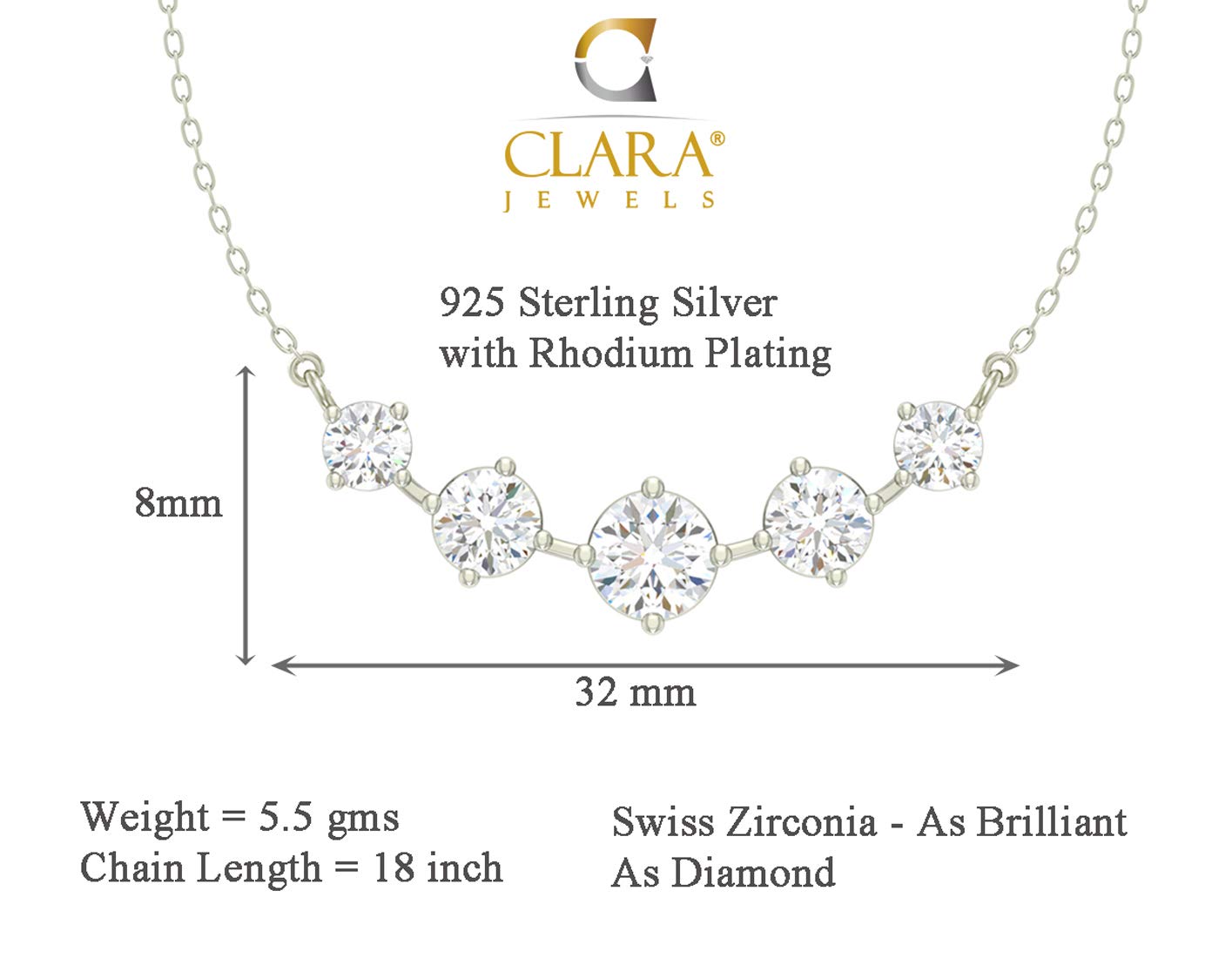 Clara 925 Sterling Silver 5 Stone Pendant Earring Chain Jewellery Set | Platinum Plated, Swiss Zirconia | Gift for Women & Girls