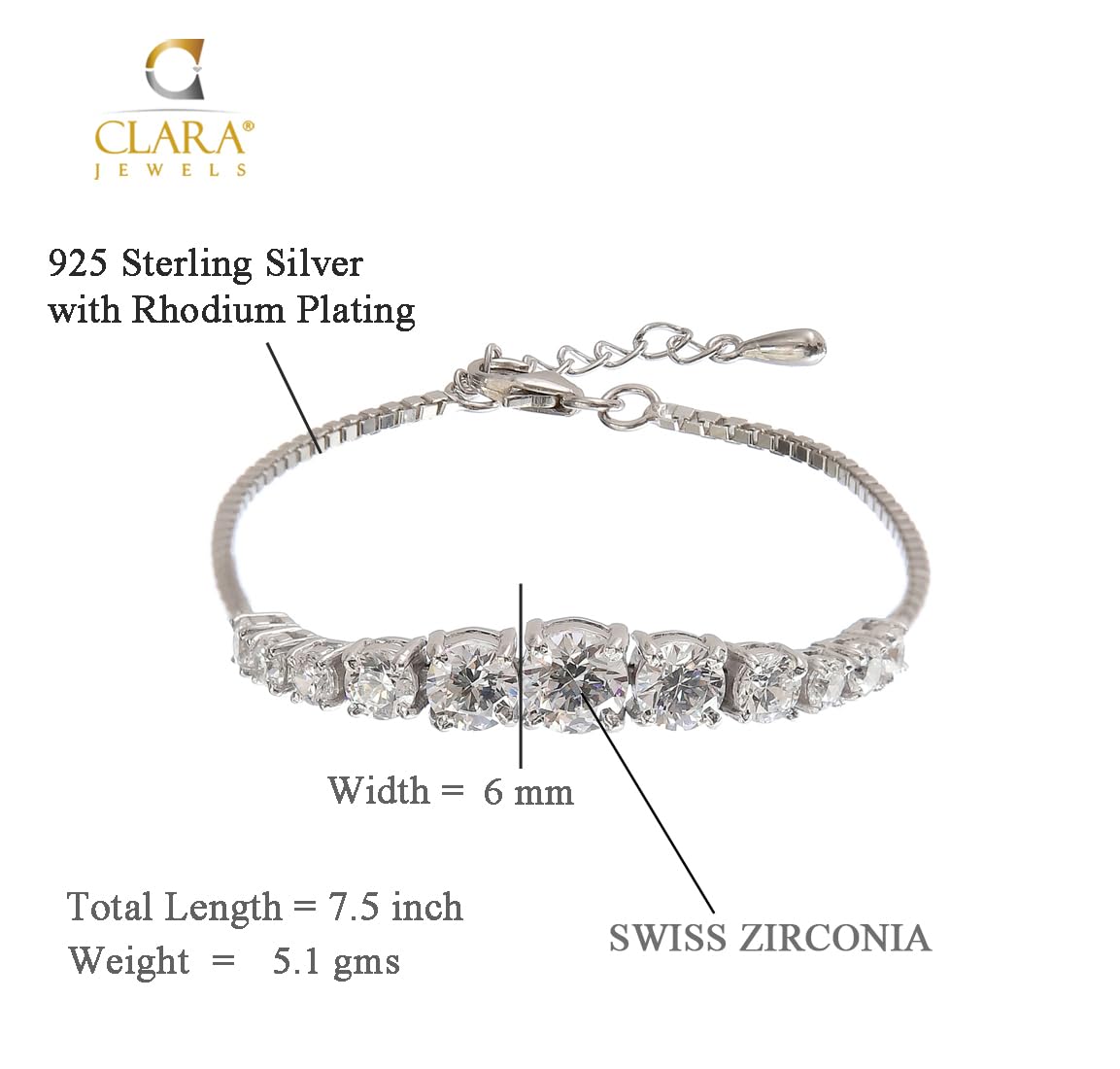 Clara Made with Swiss Zirconia 925 Sterling Silver Sandra Solitaire Bracelet, Gift for Women and Girls
