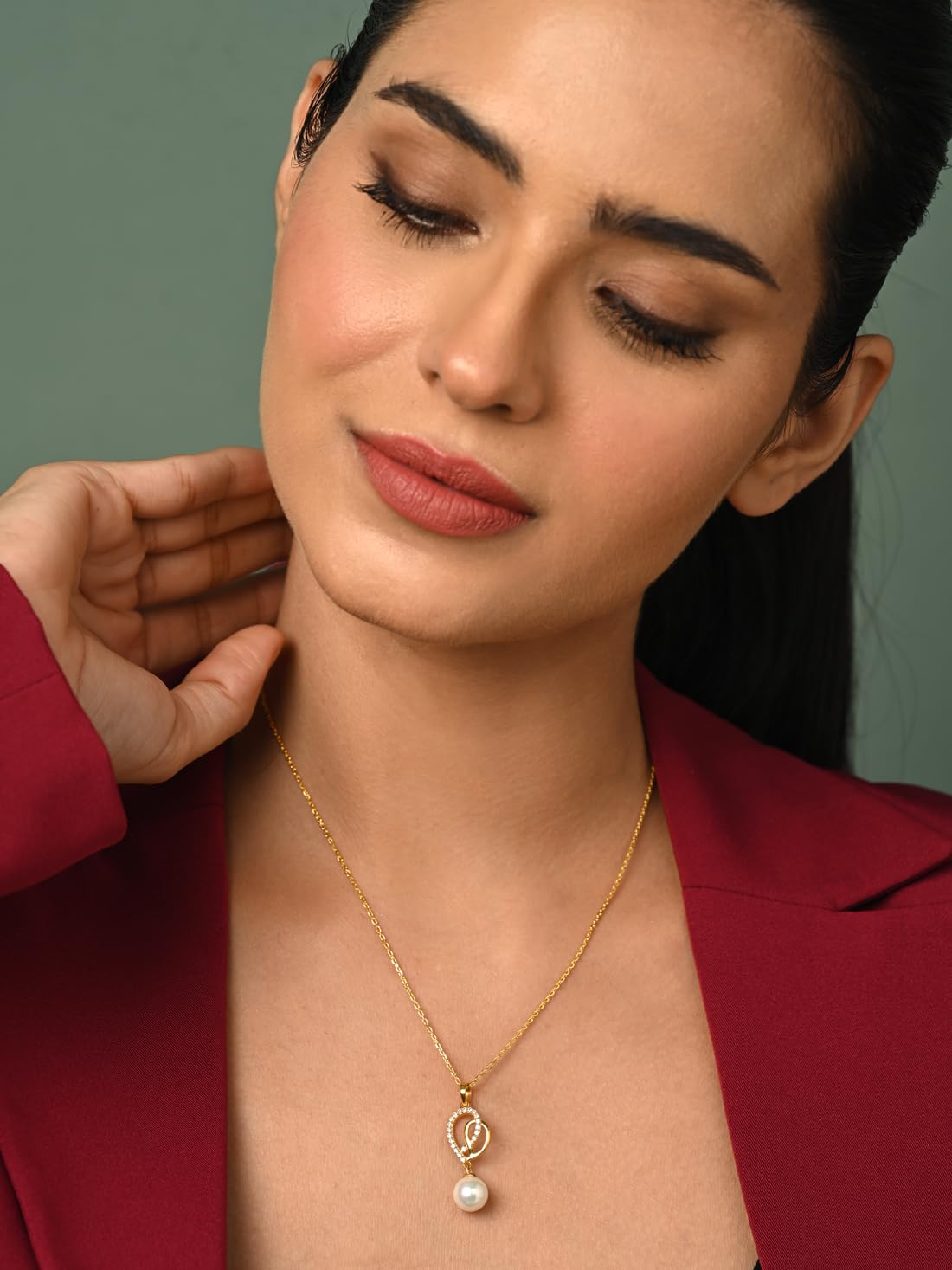 Clara 925 Sterling Silver Zahab Pearl Interlocked Pendant Earrings Chain Necklace Jewellery Set | Gold Plated, Swiss Zirconia |Gift for Women and Girls