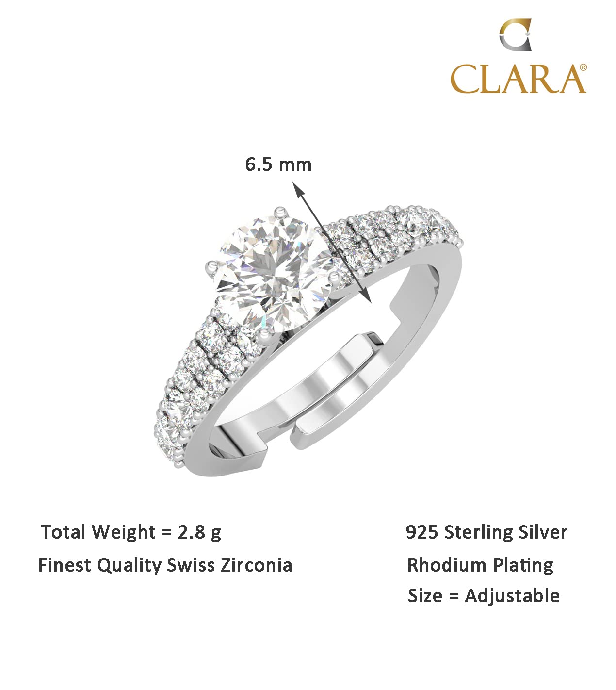 Clara Pure 925 Sterling Silver Solitaire Finger Ring with Adjustable Band | Gift for Women Girls Wife Girlfriend | Multiple Design Options